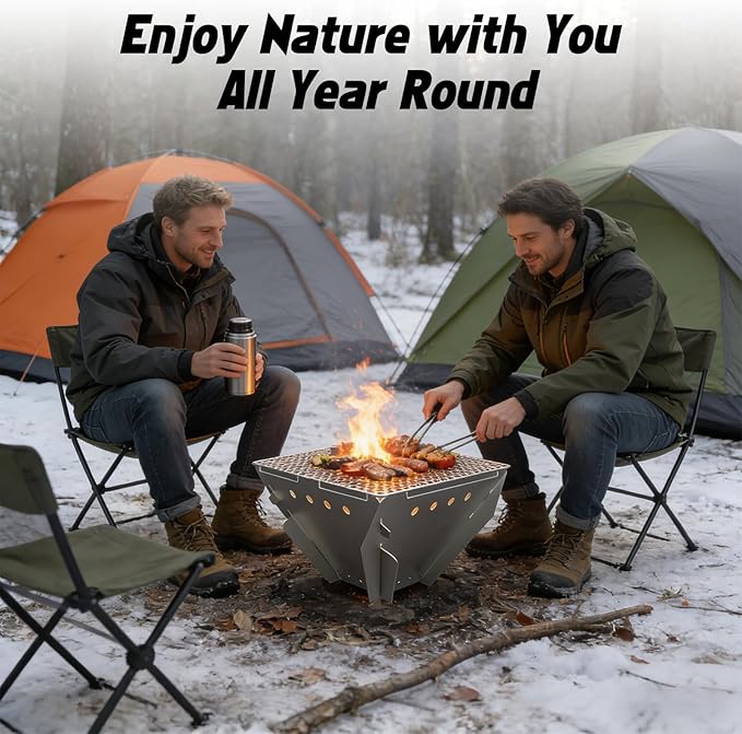 Stainless Steel Fire Pit for Camping Collapsible Fire Pit for Outdoor Use 2-4 Person Portable Firepit Tool-Free Assembly Patio Bonfire Picnic and BBQ with Grill Net &amp Canvas Storage Bag