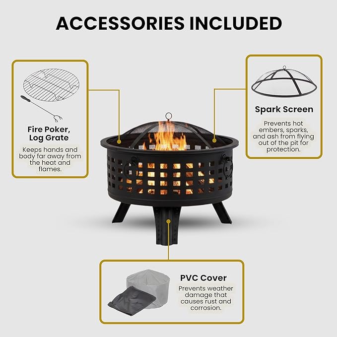 Outdoor Fire Pit - 26-Inch Round Lattice Wood Burning Firepit with Screen Poker Grate and Cover - Wood Fire Pits &amp Outdoor Fireplaces by Pure Garden
