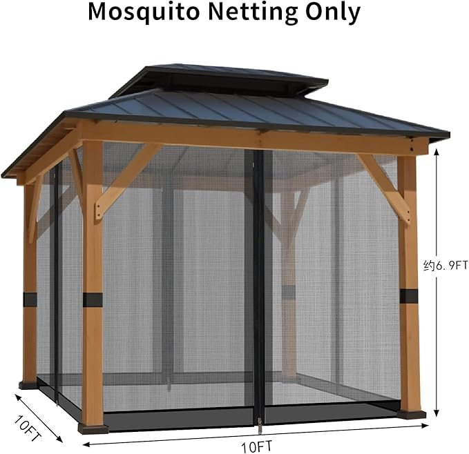 Gazebo Mosquito Netting Universal Replacement 4-Panel Sidewalls with Double Zippers for Patio Backyard Deck and Lawn 10x10 ft (Black 10 * 10ft)