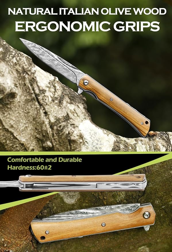 YOUSUNLONG Folding Knife Overall 215mm Camping Knife - Hammered Damascus Steel Blade - Natural Olive Wood Cover