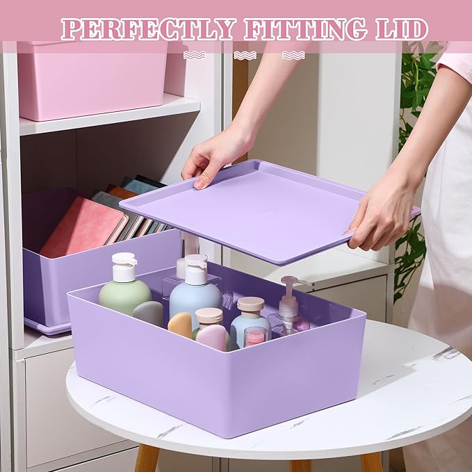 Menkxi 4 Pcs Storage Bins with Lids Plastic Stackable Containers for Organizing Shelves Christmas Ornament Box Baskets(Pink PurpleLarge)