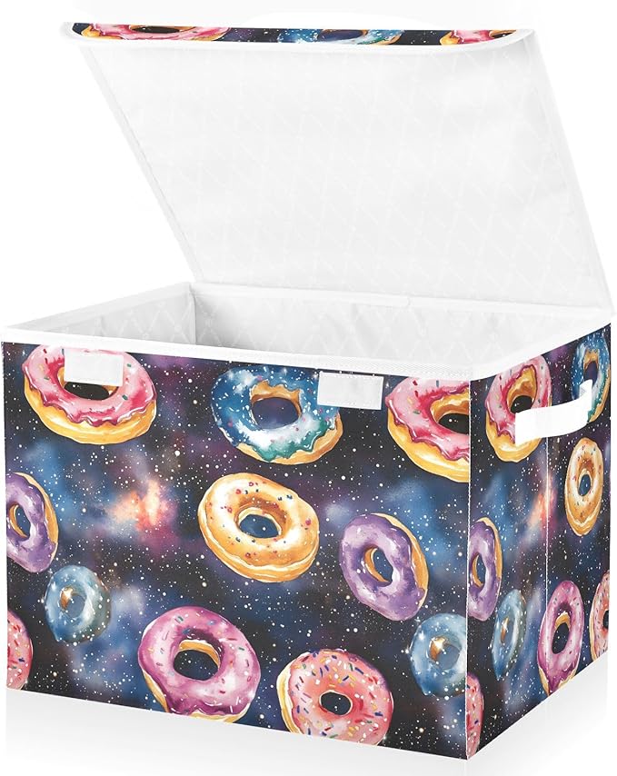 Storage Cube with Lid Space Donuts Print 16.5×12.6×11.8 IN Collapsible Large Capacity Foldable Storage Basket Bin Organizer