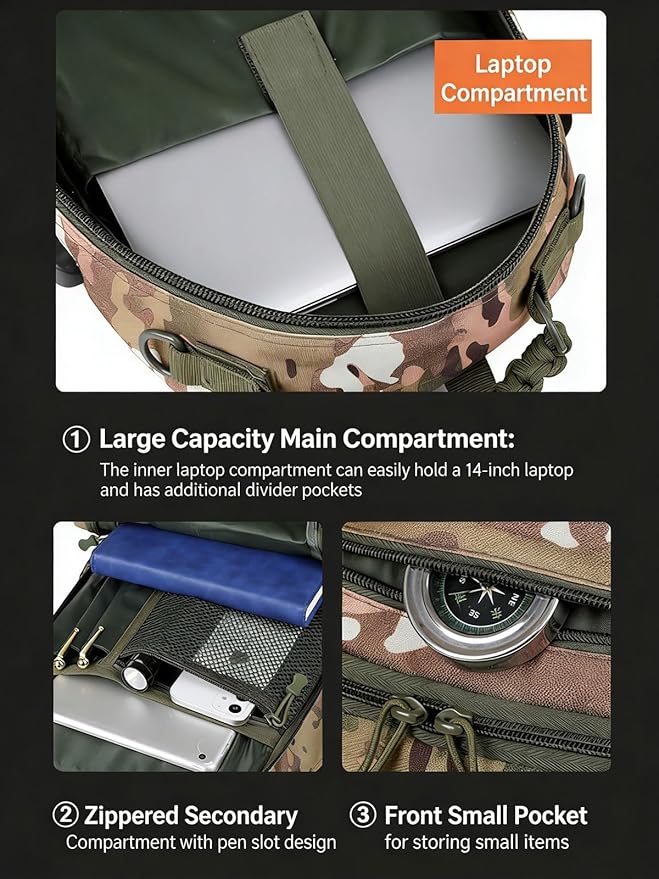 LINGYUE Tactical Backpack Bagpack Waterproof Hiking With USB Port 14 Laptop Compartment For Outdoor Camping Travel(G)