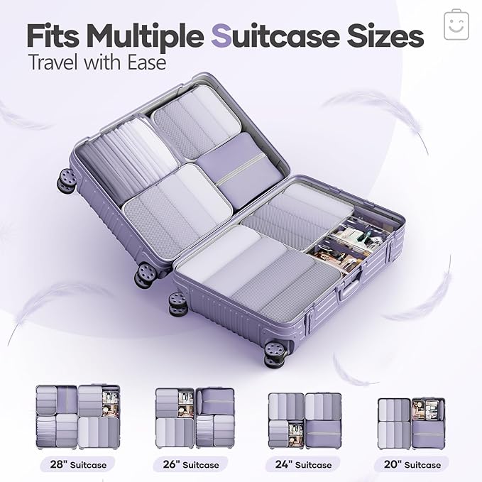Veken 9/11 Set Compression Packing Cubes for Travel EssentialsCompressible Expandable Large Luggage Suitcase Organizer Bags for ClothingDurable Space Saver Storage Bags(Purple Gray)