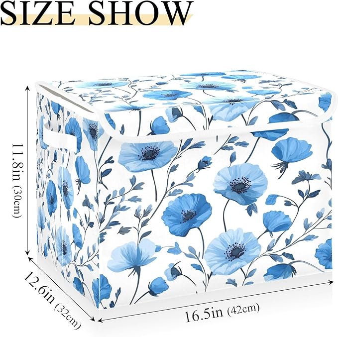 Blue Poppy Flowers and Branches Collapsible Storage Bins with Lids Decorative Fabric Cubes Closet Organizer Basket Boxes Containers for Clothes Box Chest Folding Rectangle
