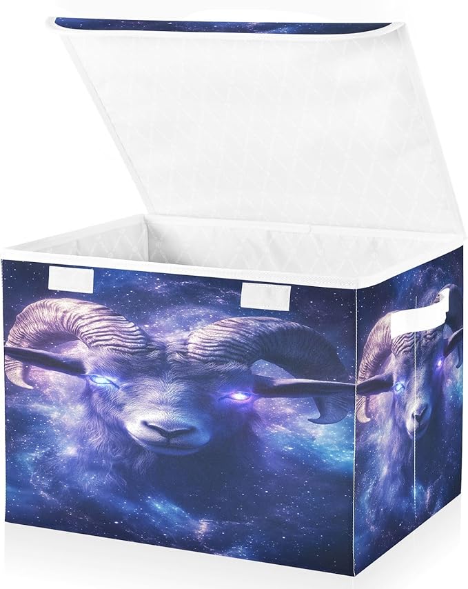 Goat with Glowing Eyes Storage Baskets Lidded Bin Foldable Storage Boxes Cubes Lids with 2 Handles for Organizing Closet Home Office