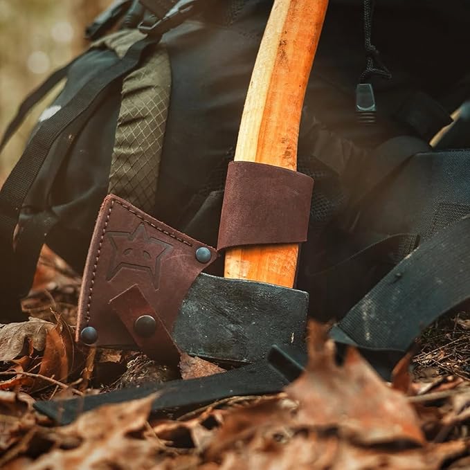 Fox Knives Yankee Axe FX-FA700 Carbon Steel Blade Hickory Wood Handle Leather Sheath Lightweight Outdoor Camping Axe Woodsman Ax Hatchet Bushcraft Survival
