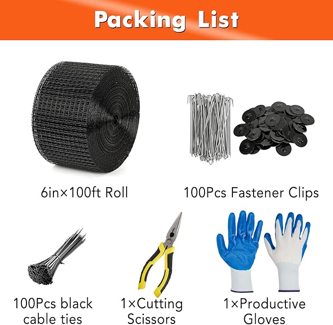 6In x 100Ft 1/2-Inch Grid Solar Panel Bird Guard Kit | Heavy-Duty PVC Coated Mesh with 100 Fastener Clips 100 Cable Ties Gloves &amp Pliers for Bird &amp Critter Control