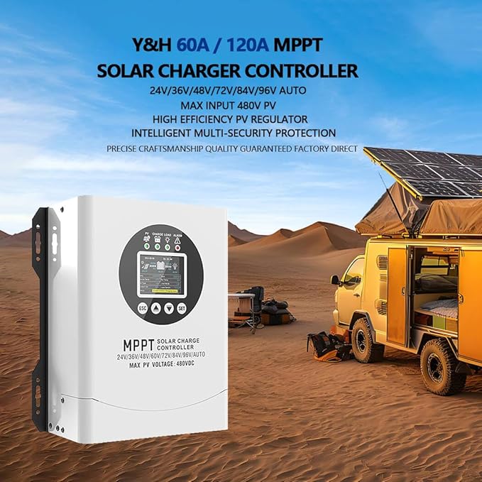 Y&ampH 120A MPPT Solar Charger Controller Max Input 480V PV with 24V-96V Auto Battery Recognition Gel/Flooded/Lithium Compatible - High Efficiency PV Regulator