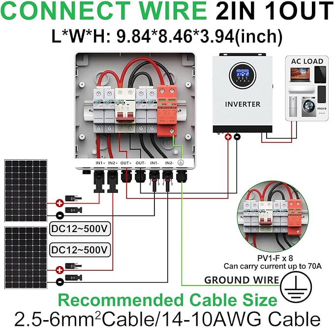 2 String Solar PV Combiner Box IP65 2 in 1 Out DC500V 40A Circuit Breaker with Surge Protector and 20A PV FuseSolar Disconnect Switch Outdoor Waterproof for Solar Panels System