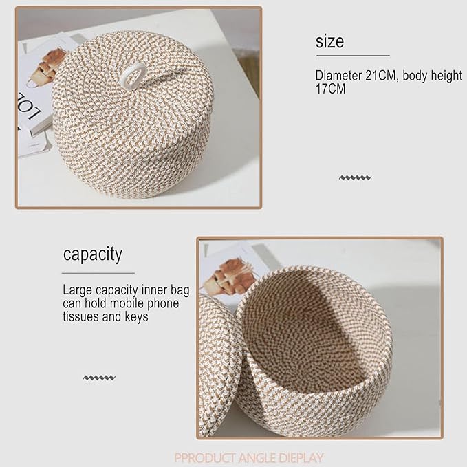 Rope Woven Basket - Round Rope Organizer Cotton Table Basket Covered Storage Bin | Stylish Decorative Utility Holder Soft Lid Container with Sturdy Shape for Napkins Sundries Snacks Makeup Towels