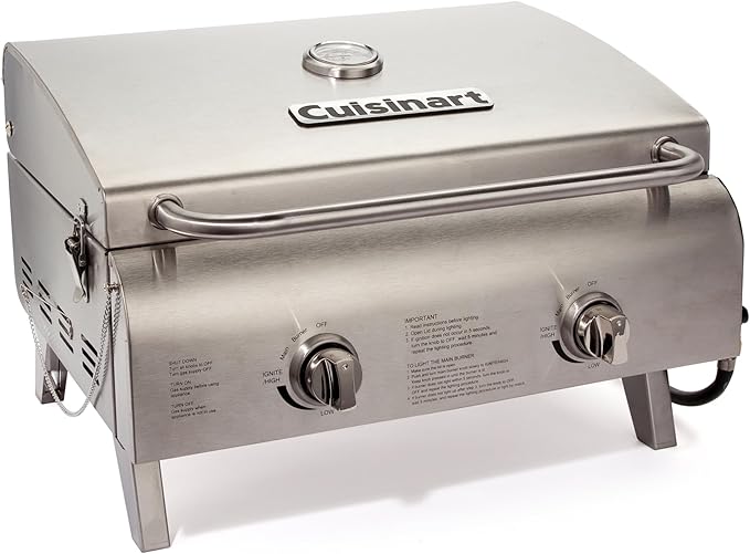 Cuisinart Chef's Style Tabletop Portable Propane Grill 20000 BTU Stainless Steel 2-Burner Outdoor Gas Grill for Camping Tailgates BBQ Hassle-Free Setup Twist-Start Ignition CGG-306