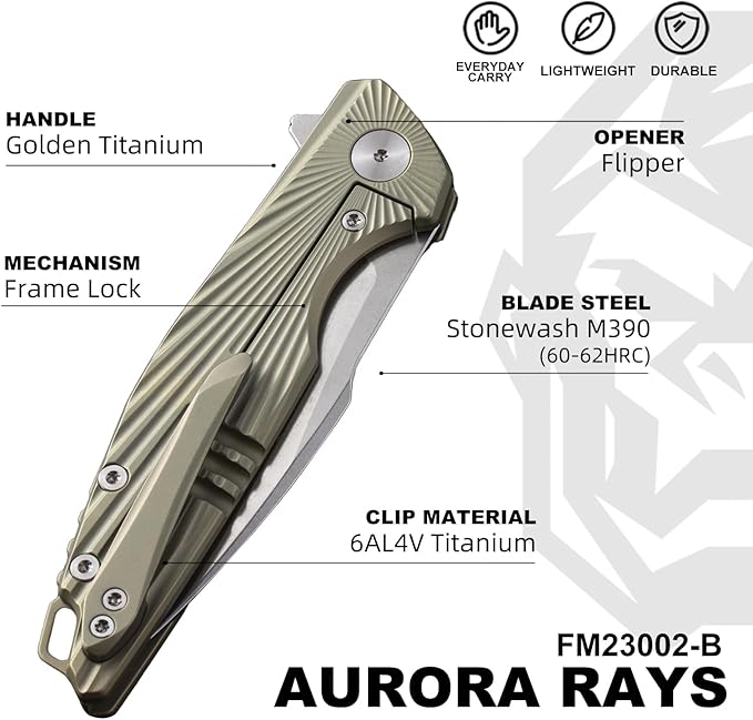 Folding Pocket KnifeEDC KnifeM390 Steel BladeTitanium Carbon Fiber HandleTactical/Outdoor Camping/Survival/HuntingKnife (Golden)