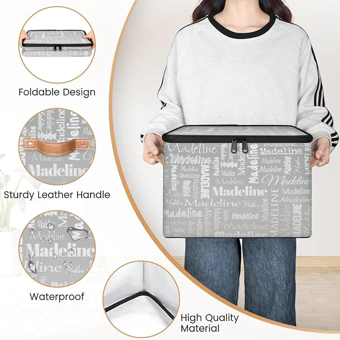 Custom Storage Basket with Name Personalized Keepsake Box with Zipper Lid Foldable Fabric Memory Bin Large capacity with Handle Grey