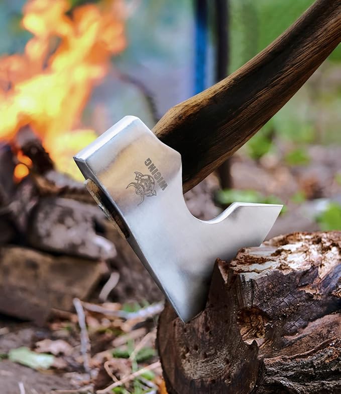 13.5 Inch Hatchet Camping Axe 1055 Carbon Steel and Beech Handle Survival Hatchet with Leather Sheath for Wood Splitting and Kindling