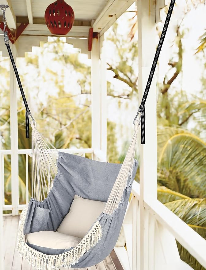 Chihee Hammock Chair Hanging Swing 2 Pillows IncludedStrong Webbing Straps and Hooks for Easy Hanging Soft Cotton Hanging Chair Side Pocket Tassel Chair Comfort Indoor Outdoor Light Grey