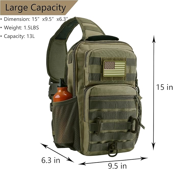 Rover Sling Pack Tactical Shoulder Sling Bag Backpack with Bottle Holder Crossbody Chest Bag Olive