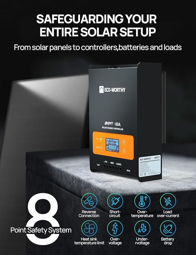 ECO-WORTHY 60A MPPT Solar Charge Controller with Bluetooth&ampWiFi Max PV Input 150V12/24/36/48V Solar Panel Regulator for Lead-Acid/Lifepo4 Battery in Solar System RV