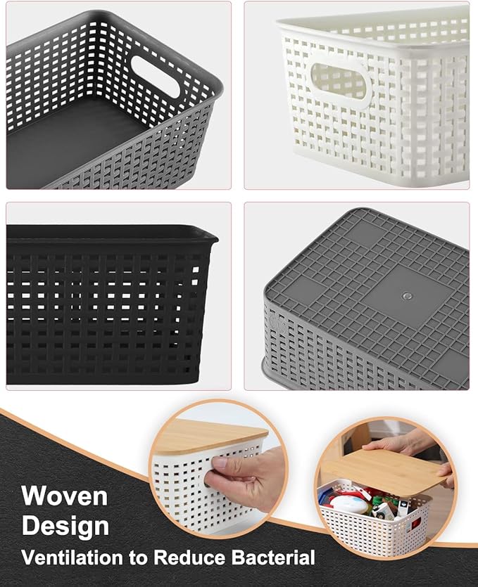 AREYZIN Storage Bins with Bamboo Lids Set of 6 Lidded Storage Container Plastic Baskets Organizer Bins for Organizing Bedroom Office Kithen Room