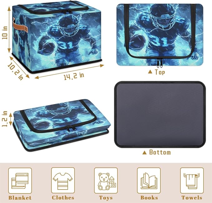 Football Storage Box with Lid American Football Player Collapsible Storage Bins Baskets Cubes Closet Shelf Clothes Organizer Containers with PU Leather Handles