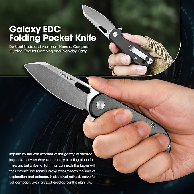 TONIFE Galaxy Mini Folding Knife with D2 Steel Blade and Aluminum Handle EDC Pocket Tool for Camping Hiking and Survival (Black Stone Wash)