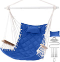 Hammock Chair Hanging Swing with Wooden ArmrestSteel Spreader BarPillowsHardware kit IncludedCotton WovenUp to 350 Lbsfor Indoor Outdoor Blue