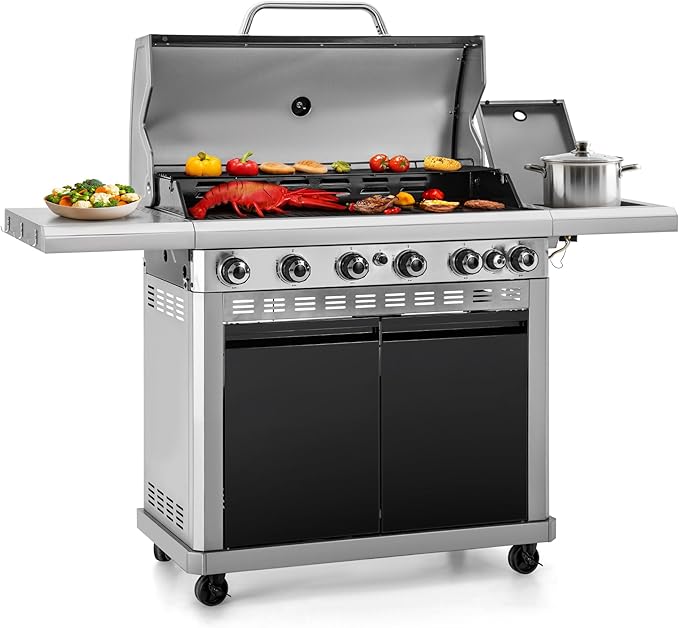 Captiva Designs 6-Burner Propane Gas BBQ Grill with Side Burner &amp Porcelain-Enameled Cast Iron Grate and Plate for Outdoor Barbucue Events 52000 BTU Output740 SQ.IN. Cooking AreaHeavy Duty