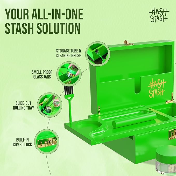 HASHSTASH The OG Storage Box - Large Bamboo Box with Combination Lock Magnetic Lid Organizer Tray Airtight Tube and 3 Jars - Discreet Decorative Locking Wooden Box with Accessories (Neon Green)