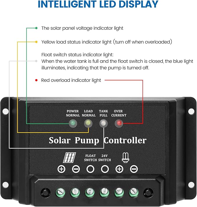 10A Solar Water Pump Controller Zuomeng DC Pump Controller Compatible with 12V and 24V Systems Featuring LED Display Light and Overcurrent/Overload Protection