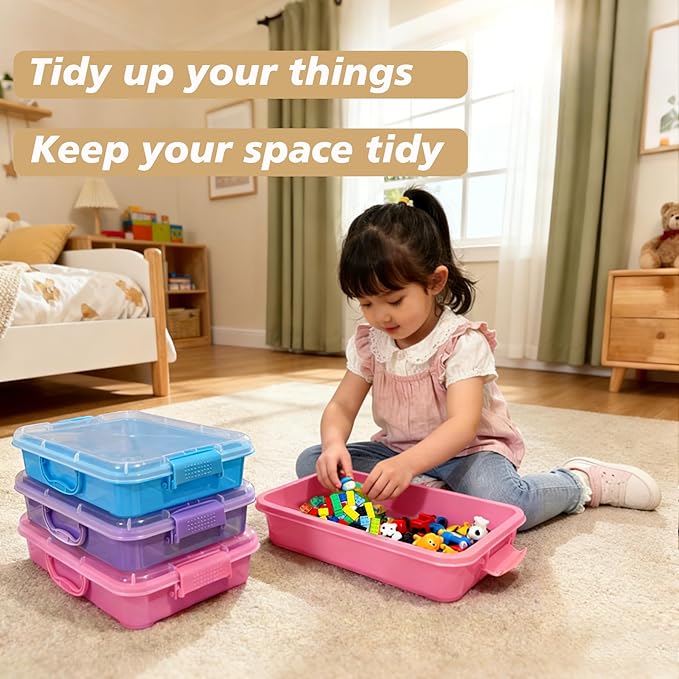 4 Qt (3.8L) Sensory Bin With Lid - 3 Pack Stackable Storage Sensory Bins with Lids Portable Sandbox Organizers Sand Arts Crafts (Blue Purple Pink)