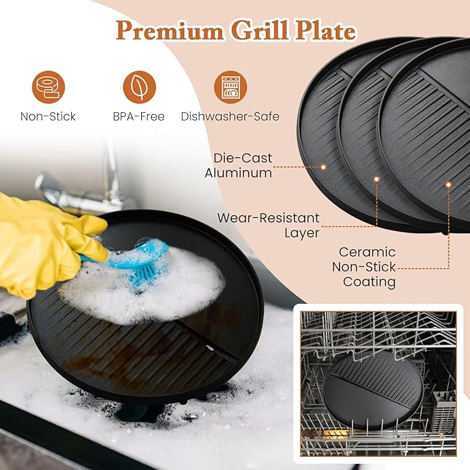 1200W Electric Grill Outdoor 2-in-1 Freestanding &amp Tabletop BBQ Grill w/Thermometer Nonstick Griddle Lid &amp Drip Tray Portable Camping Grill for Patio Backyard Party Black