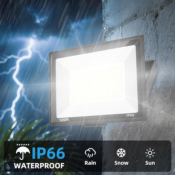 500W LED Flood Light Outdoor 2 Pack 2000W Equivalent FloodLight with Plug Super Bright 55000LM 6500K Daylight White IP66 Waterproof Commercial Lighting for Sports FieldsCourtsArenaStadium