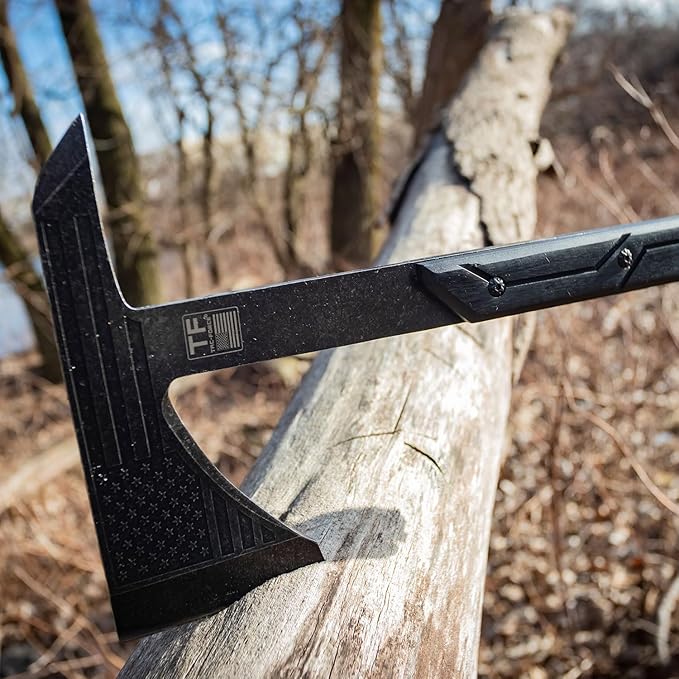 TAC-FORCE Tomahawk – Axe - Stonewash Finish Stainless Steel Blade w/Etched U.S.A. Flag Black Wood Handle Full Tang Construction Includes Nylon Sheath Tactical EDC Rescue - TF-AXE001SW