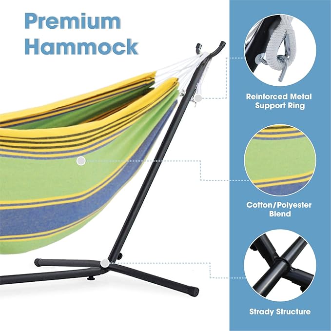 Double Hammock with 10FT Space Saving Steel StandHeavy Duty Stand Includes Portable Carrying Case550lbs Capacity