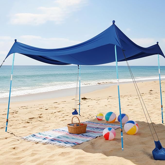 CROWN SHADES 10x10 Beach Tent Sun Shelter Easy Pop Up Beach Canopy Shade Portable Outdoor Carpas UPF50+ Includes 4 Poles Adjustable Aluminium Extra-Large Big Sand Shovel Dark Blue