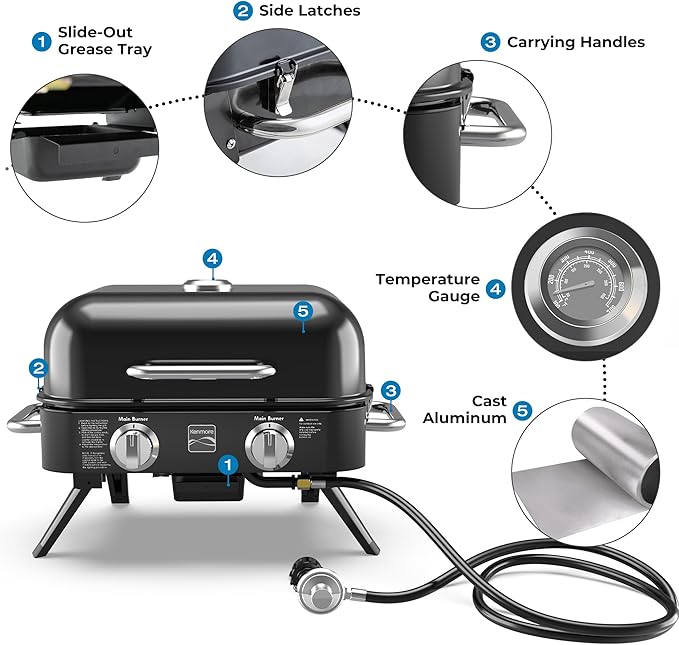Kenmore Portable Propane Gas Grill - Tabletop BBQ Grill with Warming Rack 2 Stainless Steel Burners with 14000 BTUs for Outdoor Kitchen Camping Black