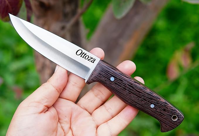Ottoza Full Tang Bushcraft Knife with 1095 Carbon Steel Fixed Blade - Survival and Outdoor Camping Knife - Wenge Wood Handle Brown Leather Sheath 428
