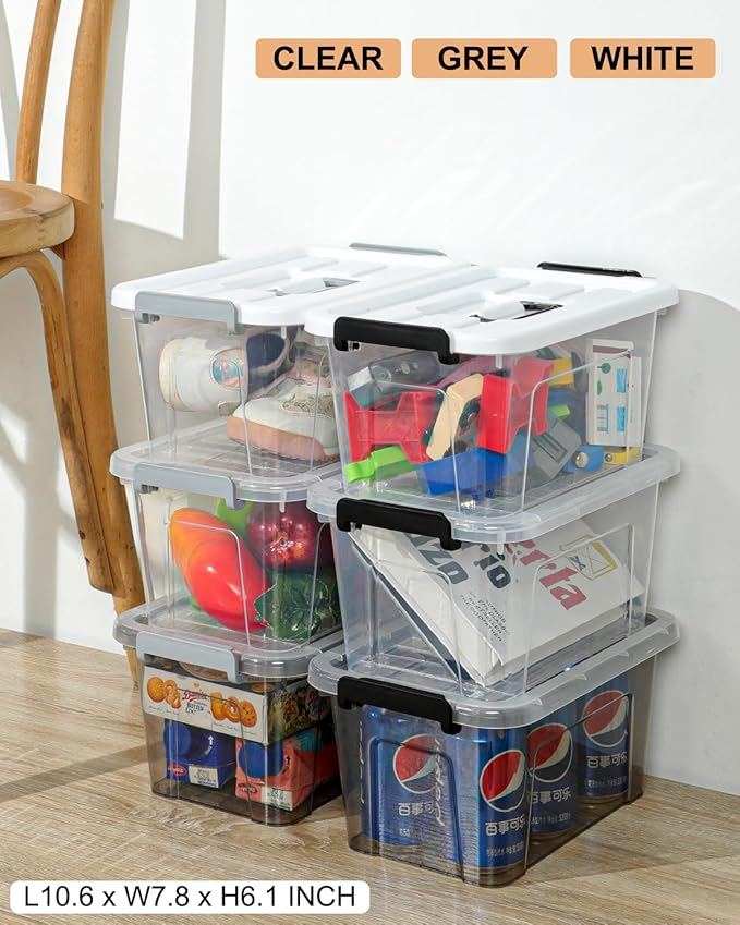 NUMIFUN Plastic Storage Bins With Lids 6 Pack Storage Organizer Bins 7 Quart Stackable Storage Bins with Lids and Black Handle Buckle Easy for Home Office Organization White
