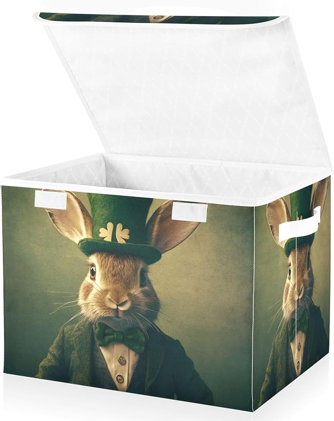 Storage Cube with Lid Saint Patrick’s Day Rabbit Print 16.5×12.6×11.8 IN Collapsible Large Capacity Foldable Storage Basket Bin Organizer
