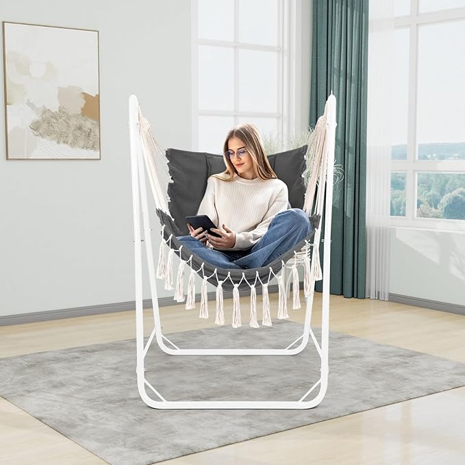 U-Shaped Hammock Chair with Stand Indoor &amp Outdoor Heavy-Duty Metal Frame Hammock Swing Stand Chair with Side Pockets for Brackyard Patio Porch (Dark Gray)
