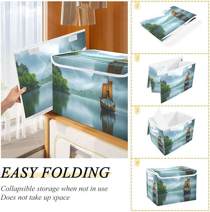 AIXIWAWA Lidded Storage Cube (Retro Boat) Fabric Foldable Closet Bins with Flip Lid and Handles Organizer Basket Container 16.5 x 12.6 x 11.8 IN