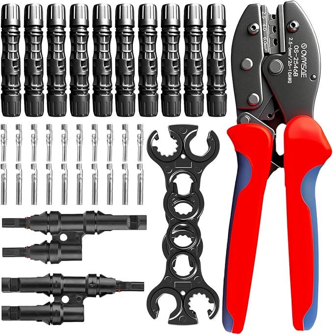 OYMSAE Solar Crimper Tool Kit with Y Connector - 24 PCS Solar Tools for PV MC4 Connectors: 10-14AWG Ratcheting Crimper 10 Pairs Connectors 2 Wrenches