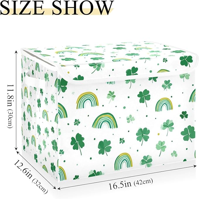 Collapsible Storage Bins with Lids Decorative Fabric Storage Cubes Closet Organizer and Storage Basket Boxes Containers for Clothes Box Chest Nursery Folding Rectangle Green Shamrock Rainbow