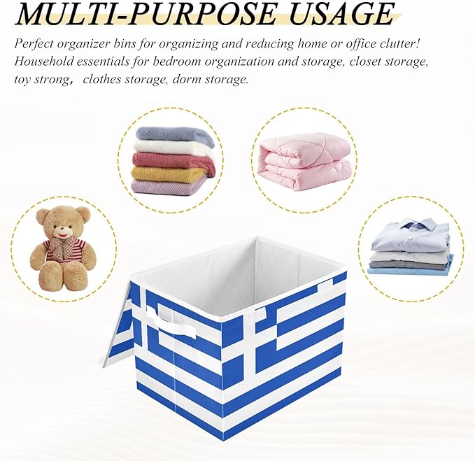 Greece Flag Fabric Decorative Storage Box Cube with Lids and Handle Collapsible Storage Boxes for Home Bedroom Closet Office.