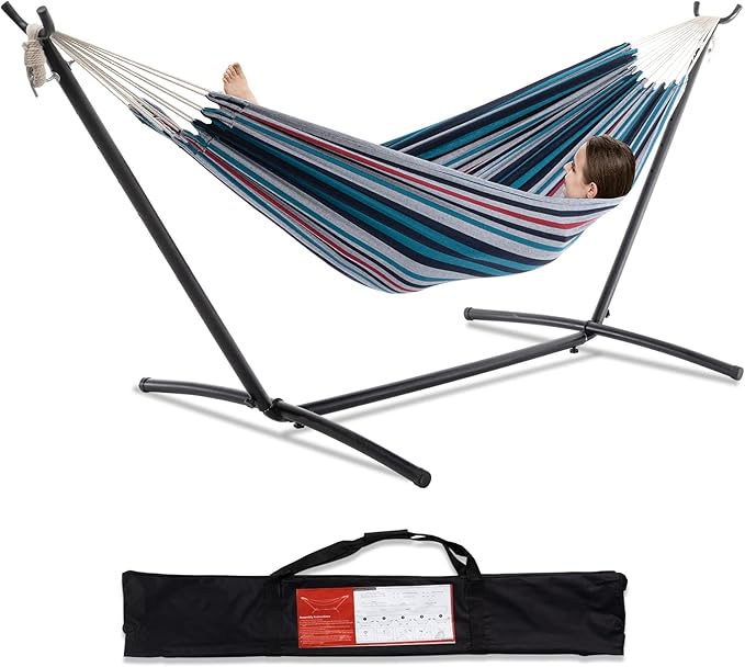 PNAEUT Double Hammocks with Stand for Outside Portable Space Saving Heavy-Duty Steel Stand for Indoor Outdoor Patio with Carrying Bag 450 lbs Capacity (Denim)