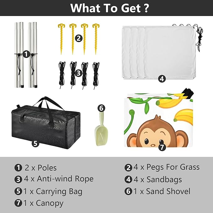 Monkeys Beach Canopy Sun Shelter with Sandbags &amp Sand Shovel &amp Windproof Ropes - Portable 110x126 Beach Shade Beach Tent for Camping Picnics