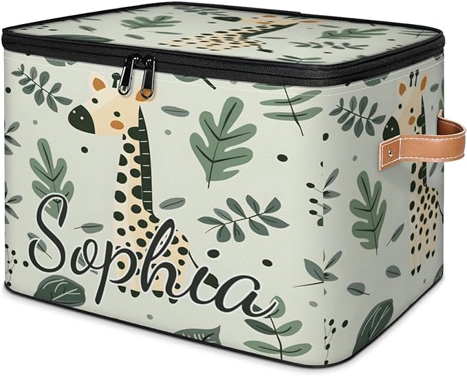 Custom Storage Basket with Name Personalized Storage Bins with Zipper Lid Foldable Fabric Storage Box Large capacity with Handle Giraffe Leaf