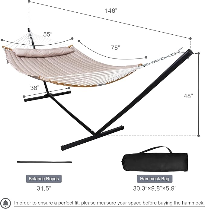Double Hammock with 12 FT Stand 2 Person Curved Bar Hammock with Stand Pillow and Portable Carrying Bag Heavy Duty 450lbs Capacity Tan