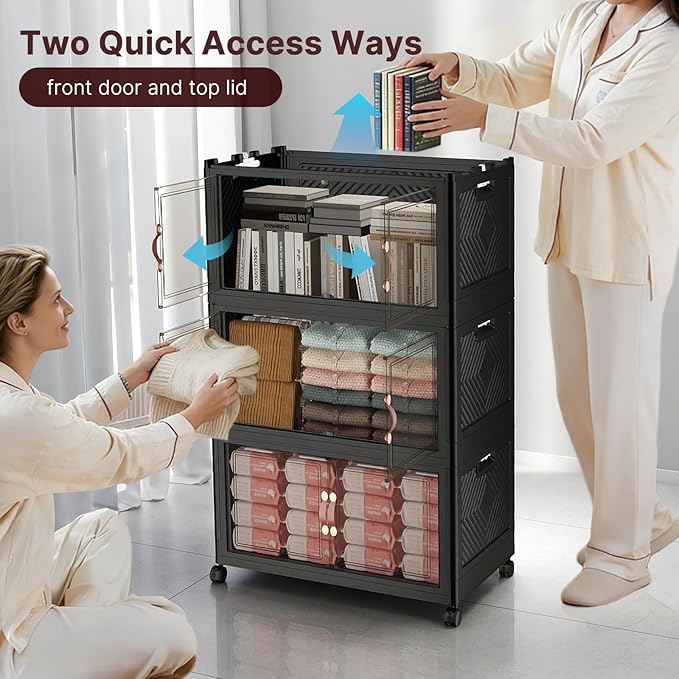 UAMFURI Stackable Storage Bins with Lids 480QT Closet Organizers Lockable Storage CabinetFoldable Storage Box with Doors and Wheels Plastic Drawers for Home Garage Office (4 Black Large)