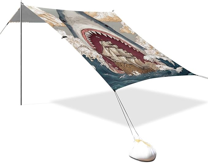 ALAZA Shark Wave Sailboat Beach Tent Sun Shelter Portable Canopy Sunshade for Outdoor Camping Picnics Backyard Fun 10x9 ft